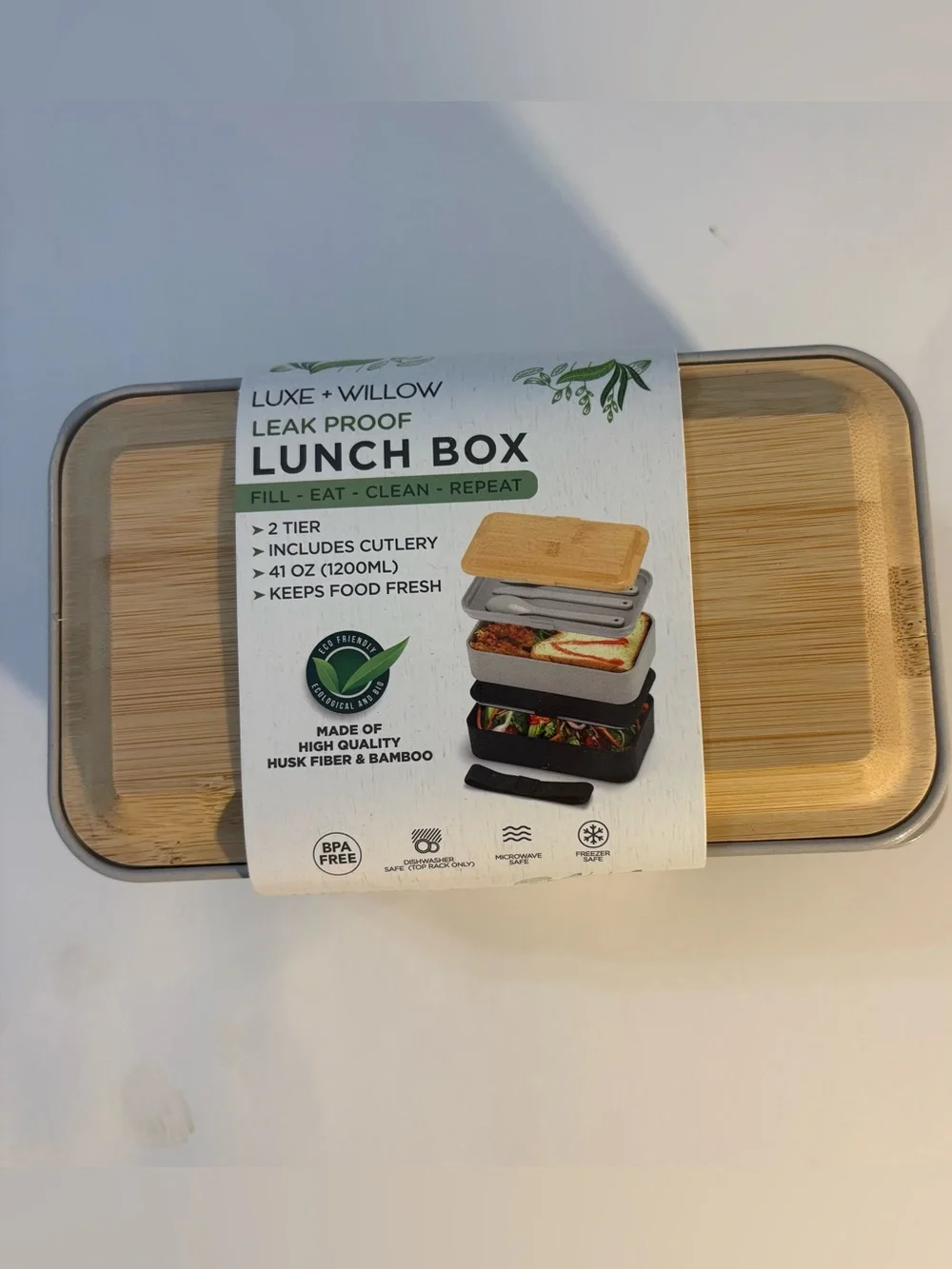 NWT Bento Lunch Box 2 Tier Leak Proof Cutlery Black Gray Nesting Bamboo Lid
